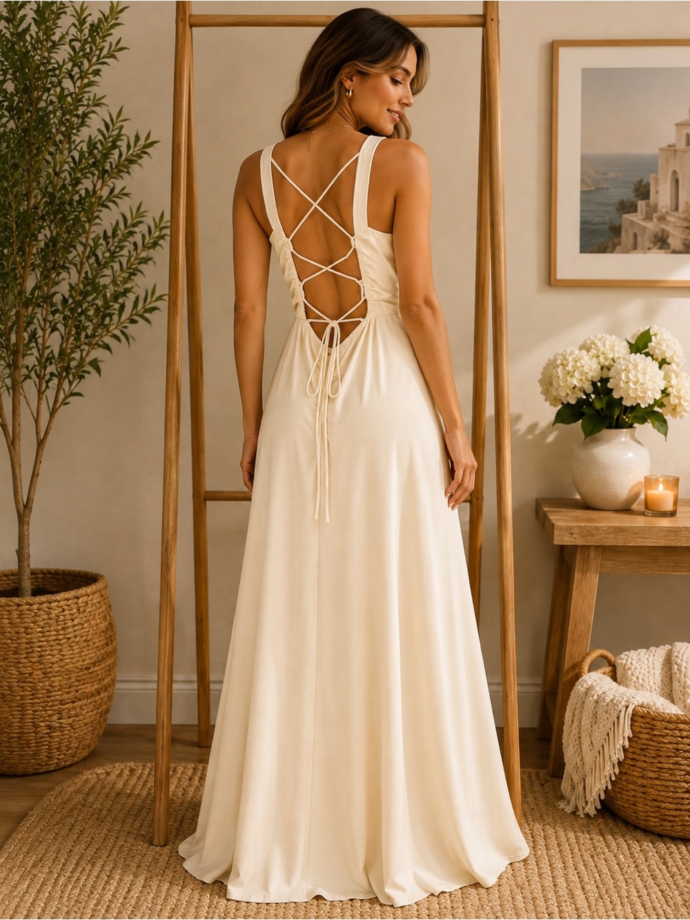 HALARA Ivory white Ruched Lace-Up Open Back Maxi Dress- Medium - Picture 3 of 9